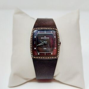 Skagen Brown Mesh Watch with Crystal Accents
